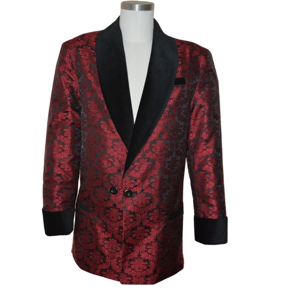 ORIGINAL SMOKY JOE'S Smoking Jacket Red Brocade Blazer With Velvet Trim Size L